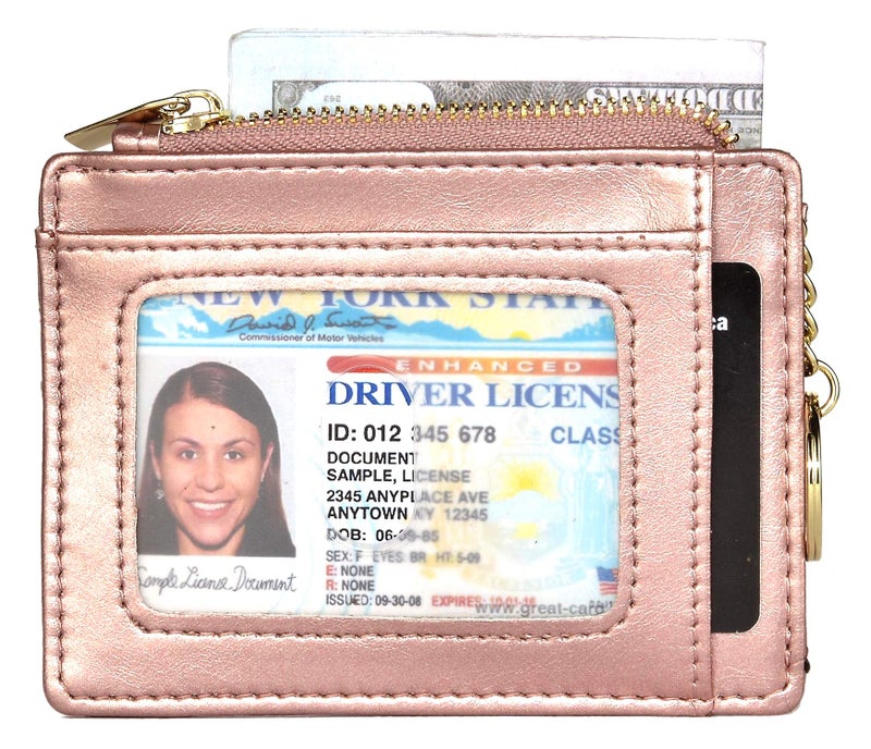 Woogwin حامل بطاقات ائتمان RFID نحيف ووجوين للنساء، محفظة صغيرة لجيب أمامي مع سلسلة مفاتيح (ذهب وردي زيتي) - Image 2